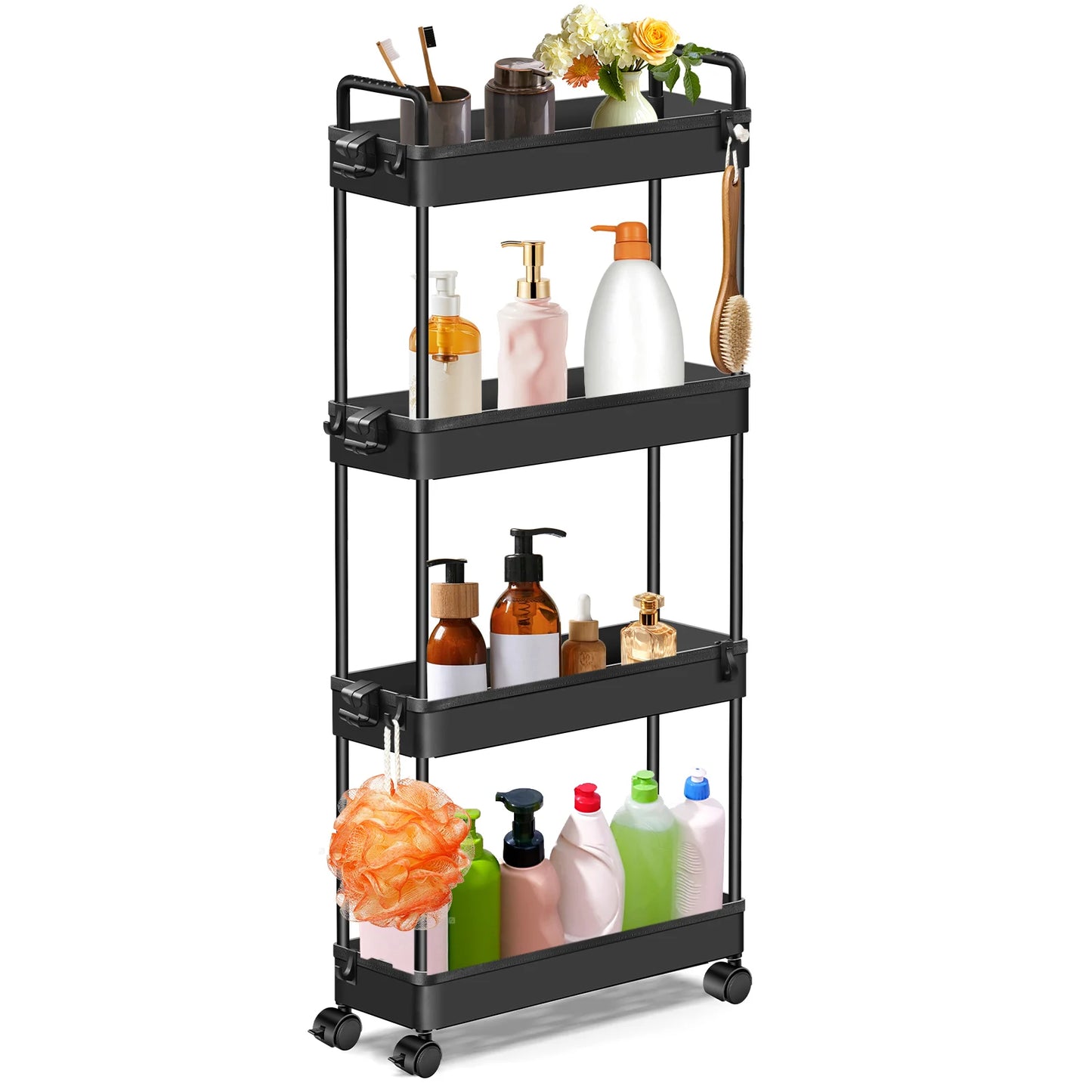 DayPlus 4-stufiger Aufbewahrungswagen, ausziehbarer, schlanker, rollender Mehrzweckwagen, multifunktionaler Badezimmerwagen aus Metall auf Rädern