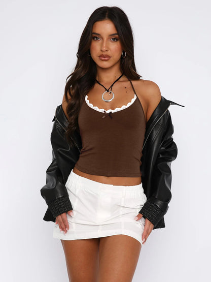 Neue Hals hängende Weste Damen Y2K Sexy Crop Top mit freiliegendem Nabel BM Strapsbasis und ärmelloses Slim Fit Top Tank Top