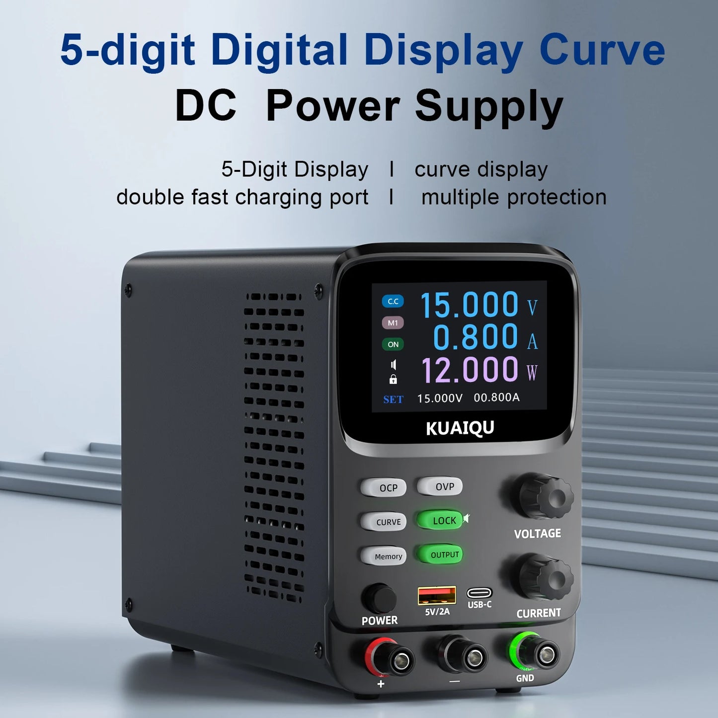 KUAIQU 5 Digits Programmable Adjustable Power Supply 30V 10A,Battery Simulation Tester,Real time Curve Display Voltage Current.