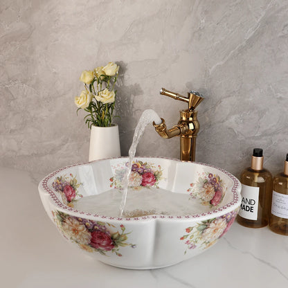 Kemaidi Keramik Bad Bar Waschtisch Waschbecken Wasserhahn Combo Blumen stil weiß über Theke Schüssel mit goldenen Mixer Wasserhähnen