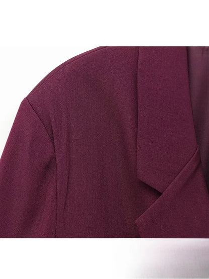 KONDALA Vintage Chic Office Lady Red Solid Women Suit Notched Single Button Pockets Blazer Straight Loose Pants Fashion 2025 Set.