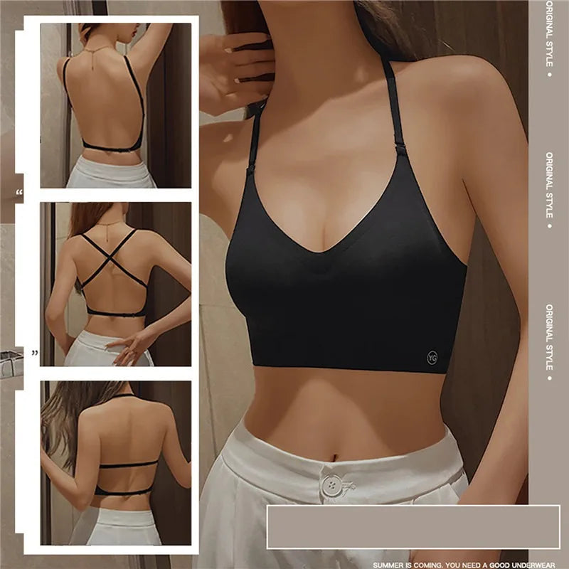 Sexy U-shaped Back Lingerie Female Inner Wear Summer Thin Without Trace Backless Triangle Cup Polymerization Bra.