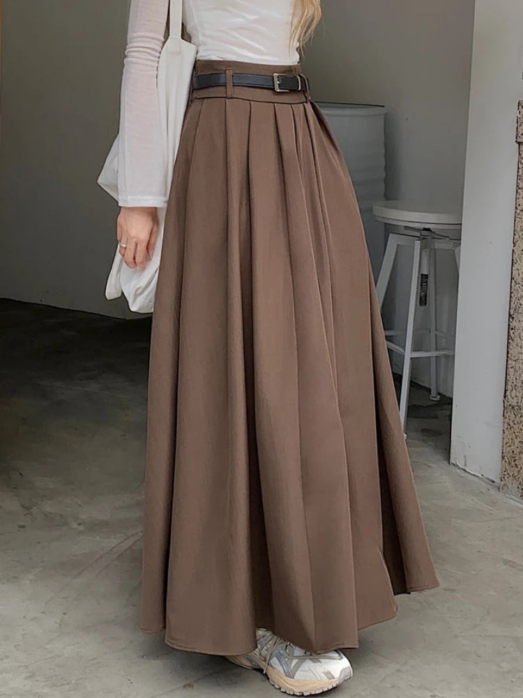 Qiukichonson Grey Midi Long Skirts Womens Maxi Skirt 2023 Autumn Winter Suit Skirt Goth Lolita High Waist Ruffle Pleated Skirts.
