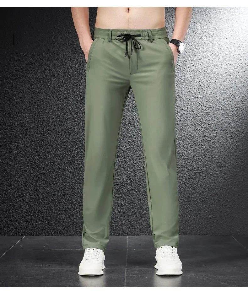 2024 Summer Soft Ice Silk Fabric Men's Thin Casual Pants Korean-style Fashion  Straight High Stretch Trousers Male Luxury Brand.