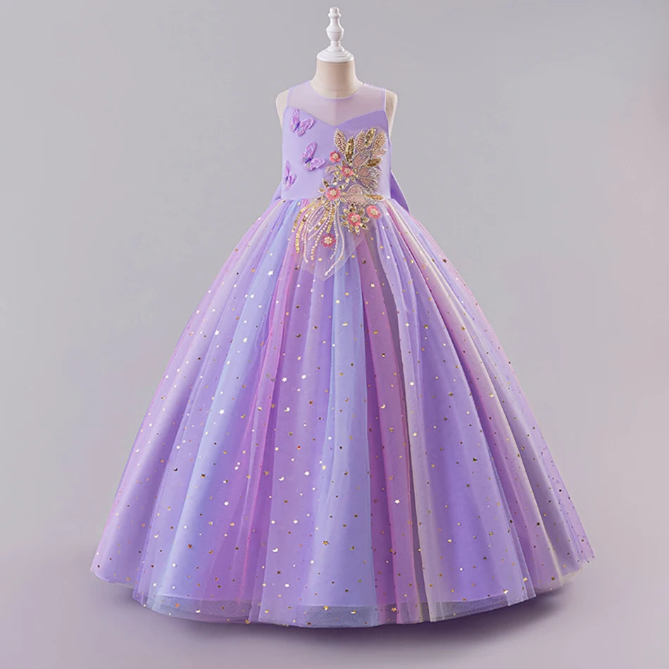 Elegantes, ärmelloses Tüll-Ballkleid für Kinder, Bühnenaufführungen, Hochzeiten, Weihnachten, Mädchenkleider, Mädchen-Prinzessin-Partykleider.