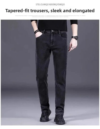High-End Men's Fleece-Lined Thick Stretchy Straight Leg Jeans 2025 New Style Loose Fit Smoke Grey Trousers for Men.