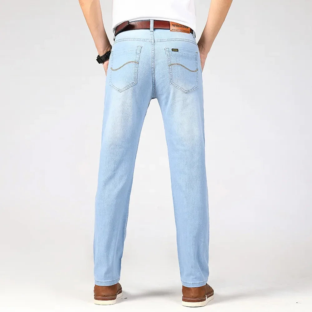 Brand Jeans 2025 Summer Business Jeans Men Light Blue Casual Straight Stretch Fashion Classic Work Denim Trousers Male Clothing.
