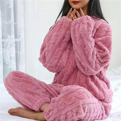 Warmes Pyjama-Set aus weichem Korallensamt-Jacquard für Damen, gemütliche Loungewear-Oberbekleidung für den Winter, Weihnachten, Geschenk für den Schulanfang ﻿.