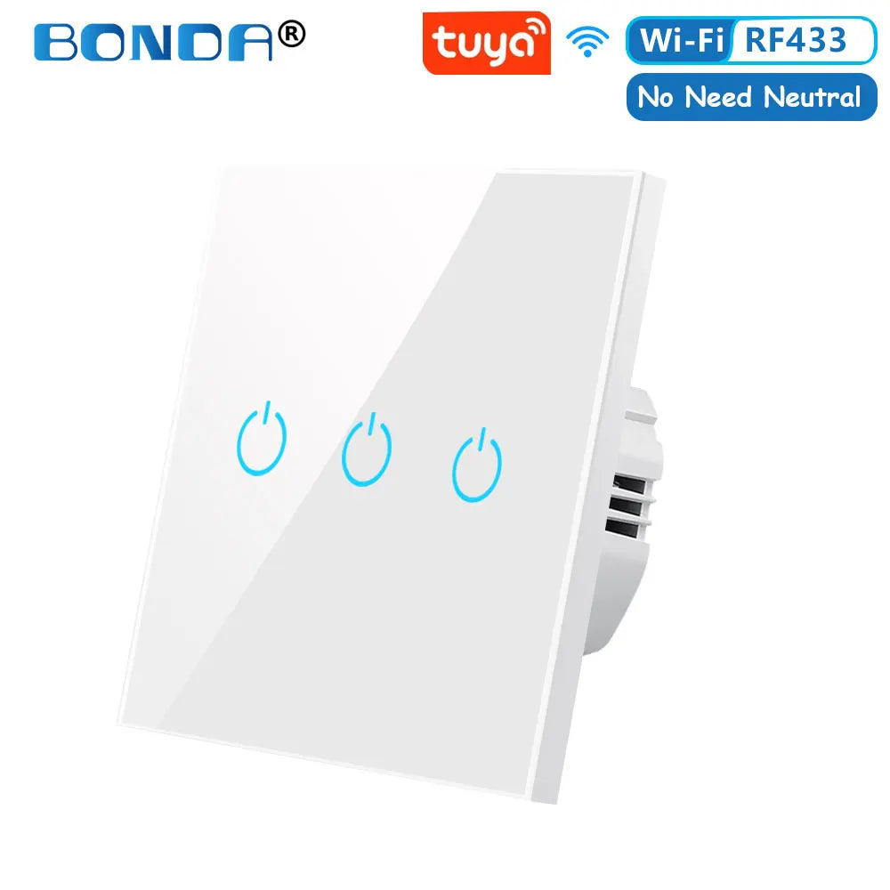 BONDA Smart Switch Alexa RF433 Keine neutrale Tuya-Steuerung funktioniert mit Google 1/2/3 Gang Smart Life Home Light WiFi Touch Switches 86