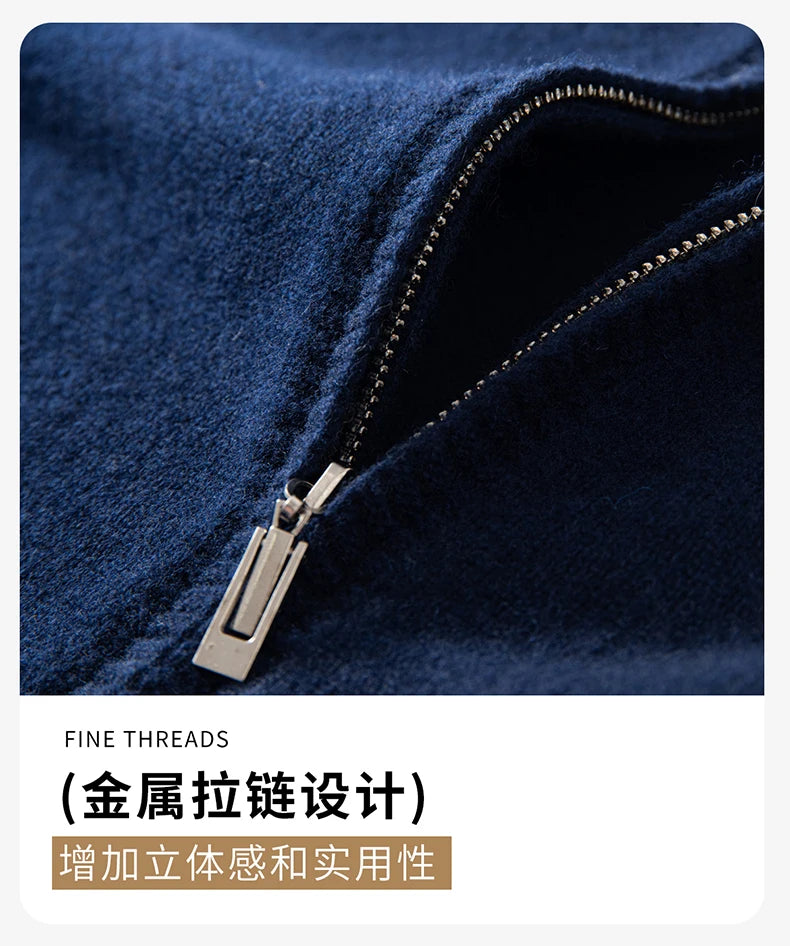 100% Wool Cardigan for Men, Half Turtleneck, Zipper, Color Block, Thickened Sweater, Business Casual Outerwear, Knitted Jacket.