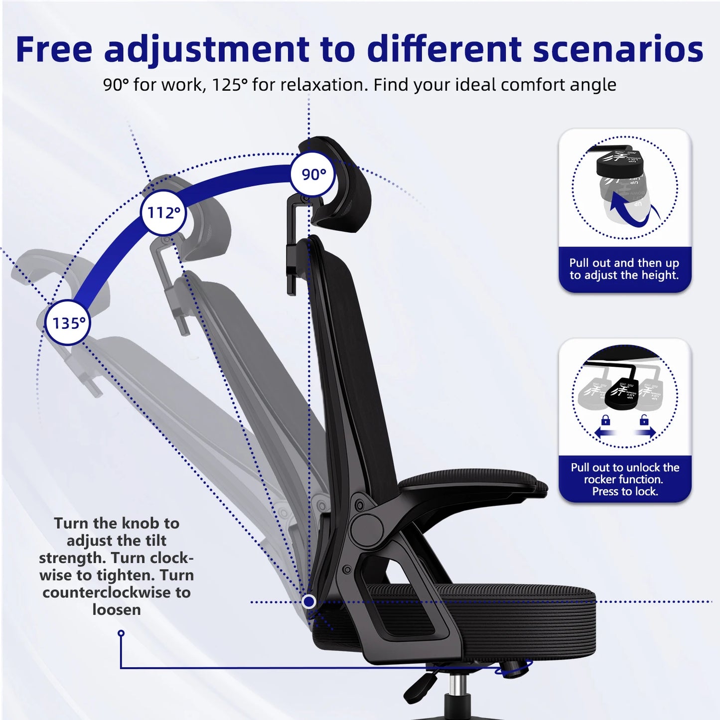 Bürostuhl, ergonomisch, verstellbar, 90er ° -135 ° ,Schreibtischstuhl mit Lordosenstütze, Computerstuhl mit verstellbarer Kopfstütze, Wohnzimmerstühle
