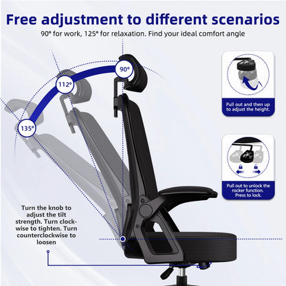Bürostuhl, ergonomisch, verstellbar, 90er ° -135 ° ,Schreibtischstuhl mit Lordosenstütze, Computerstuhl mit verstellbarer Kopfstütze, Wohnzimmerstühle