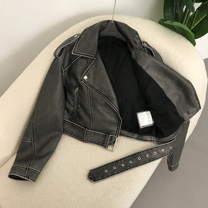 Neue Frühjahr Frau Faux Leder Jacke Chic Vintage Amerikanische straße tragen Kurze Revers Zipper Gürtel Biker Mäntel Mode Streetwear
