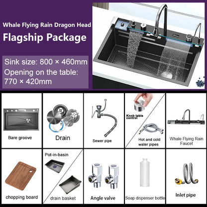 Goldenes Wasserfall-Küchenspüle, Edelstahlspüle, geprägte Digitalanzeige, Einzelschlitz-Waschbecken für die Wohnung, goldenes Waschbecken