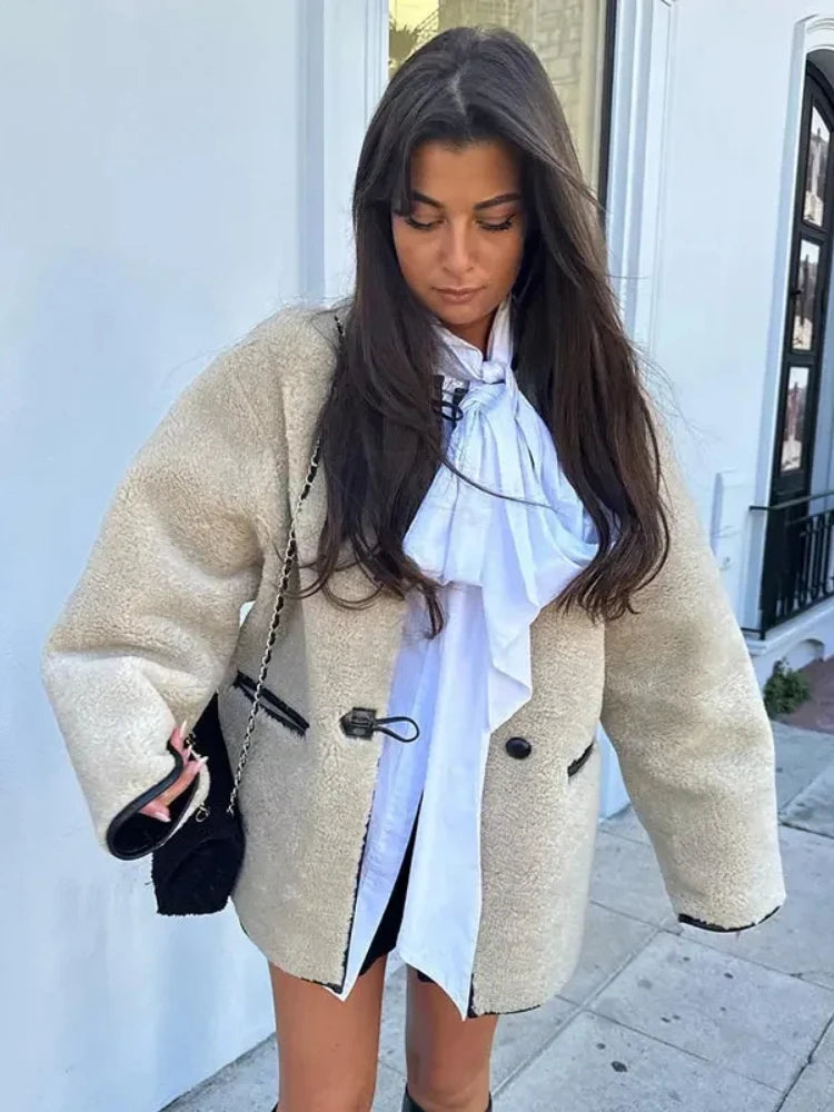 ZBZA Women's Faux Wool Jacket Loose Retro O-neck Single Breasted Long Sleeve Double Pocket Casual Overcoat Fall Winter Chic Coat.