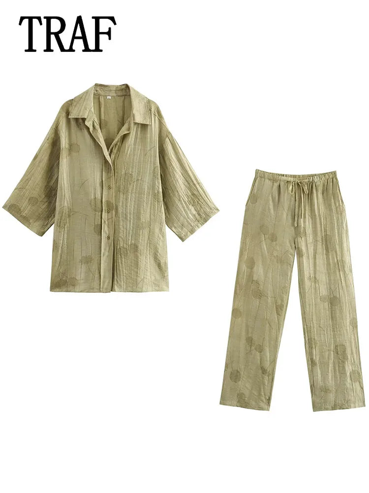 Women Print Long Pants Sets For Women Lapel Half Sleeve Single Breasted Shirts + High Waist Lace-Up Wide Leg Pants.