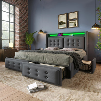 KOMHTOM Doppelbett Baumwolle - LED-Kopfteil, USB C Ladefunktion, 4 Schubladen, ohne Matratze