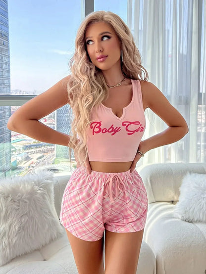 Damen-Nachtwäsche, Pyjama-Set, Dessous, lässig, rosa Buchstaben-bedrucktes Leibchen mit karierten Shorts, Sets, Nachthemd, Pyjama, Loungewear.