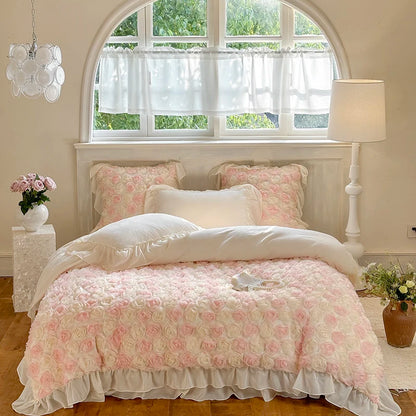 Three-Dimensional Rose Flowers Lace Ruffles Princess Wedding Bedding Set Warm Milk Velvet Duvet Cover Bed Sheet Pillowcases 4Pcs