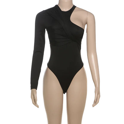 Autumn 2025 Long Sleeve Pullover New Fashion Sexy Spice Girls Crew Neck Single Rotator Sleeve Pleated Slim Bodysuit Women