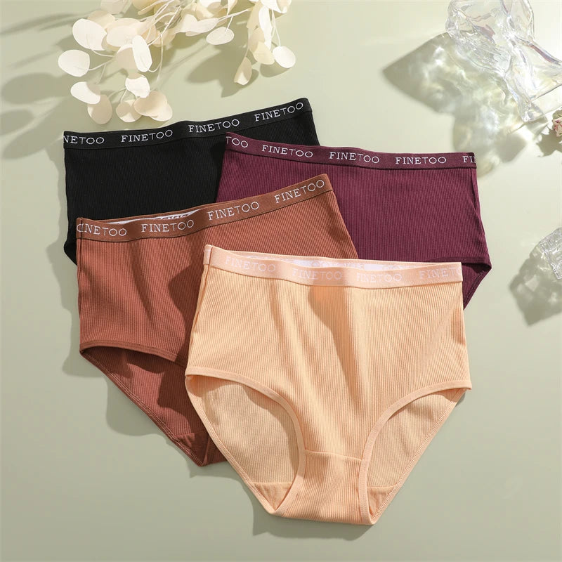 4Pcs/Set Women's Ribbed Striped Cotton Briefs Plus Size Panties Lady High Waist Breathable Underwear Solid Lingerie Shorts S-XXL
