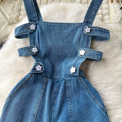 Jumpsuits Women Denim Suspender Jeans One Piece Wide Leg Pants Washed Mom Distressed Pockets Trousers Summer 2025 Streetwear.