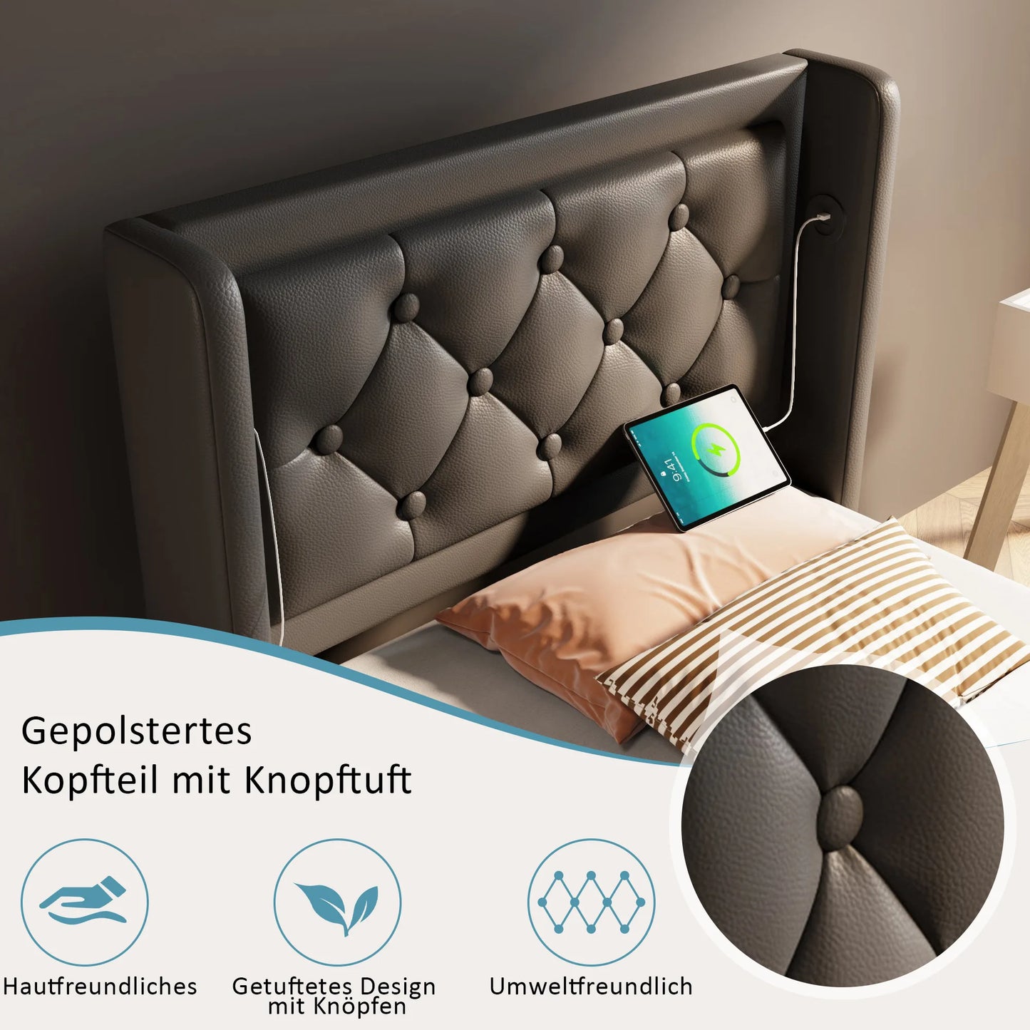 Merax Polsterbett 90x200 Einzelbett USB C Kopfteil 3seitige LED Hydraulik Stauraumbett Schwarz PU