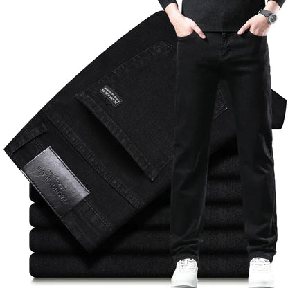Spring Autumn New Men's Pure Black Slim Jeans Elastic Straight Pants Business Fashion Leisure Korean Vintage Denim Pants Male