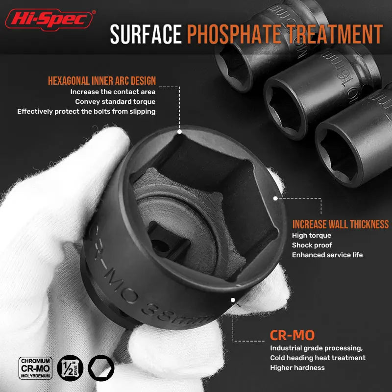 Hi-Spec 1/2" Drive Impact Socket Set Impact Wrench Sockets Cr-mo Hex Sockets CR-V  Handwerkzeuge zum Entfernen großer Innensechskantmutter