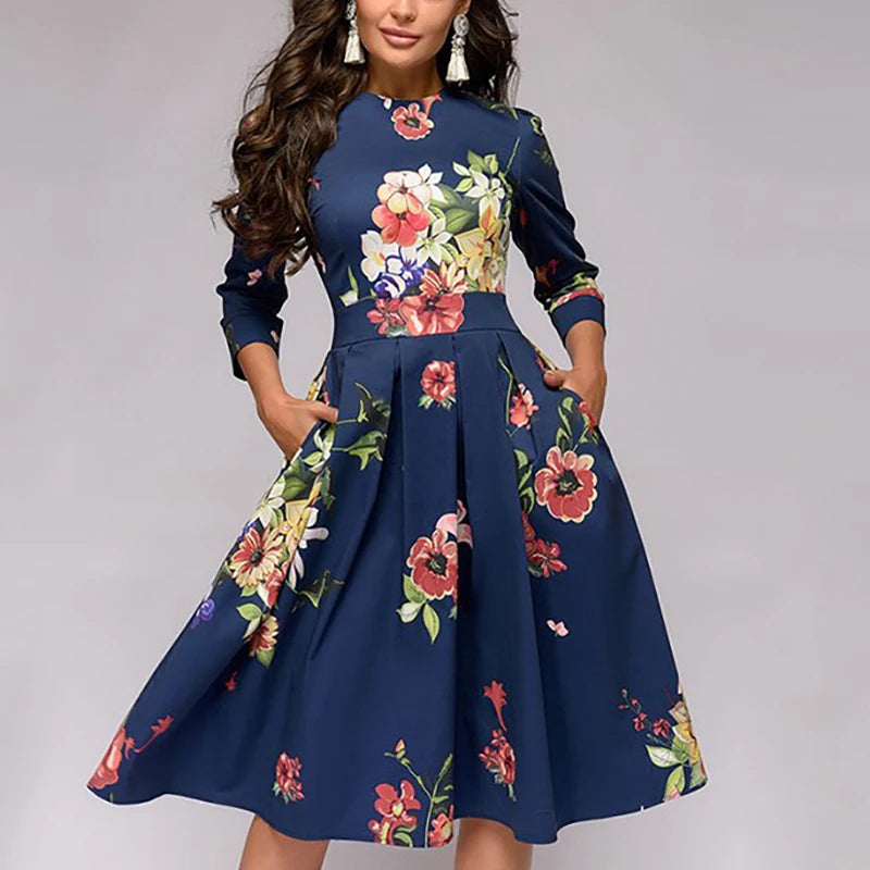 2023 frühling AutumnOffice Dame Knie Länge Elegante Vintage Langarm Party Kleider Frauen Floral Bedruckte Kleid Neue.