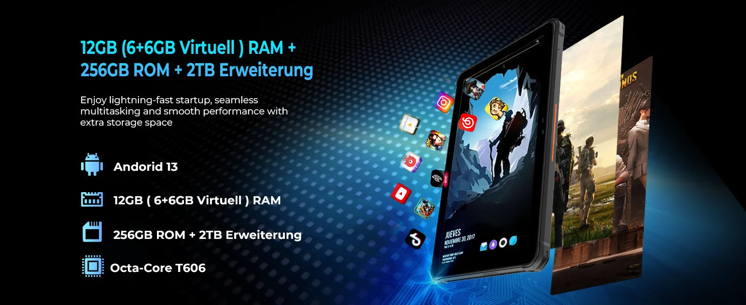 Rugged Tablets HOTWAV R7 12GB(6+6) 256GB 10.1'' 16MP+16MP Android 13.0 15600mAh large battery 20W Dual SIM 4G GPS.