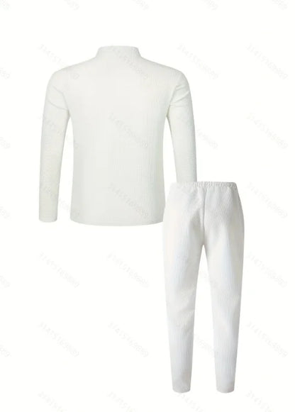 Men's Waffle Check Stand-Up Collar Semi-Casual Business Suit Two-Piece Set Button-Down Top with Comfortable Trousers.