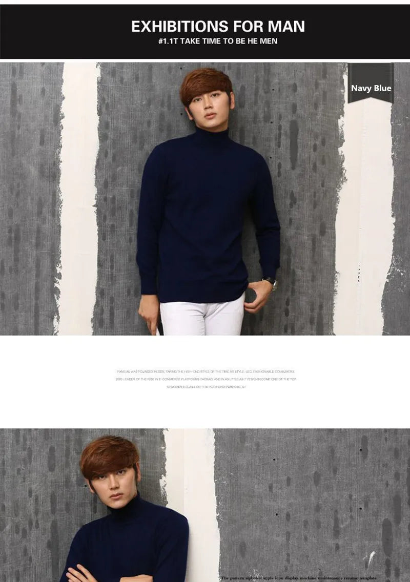 Cashmere Wool Solid Autumn Winter Men's Warm Turtleneck Knit Loose Long Sleeve Sweater Casual Comfortable Pullover Thick Sweater.