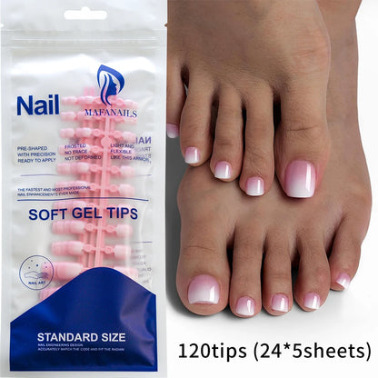 120Pcs Glossy Nude Pink French Press-On-Toenail Set 1*Box Short French Square  Fake Toe Nails Solid-Color Manicure Toenails Tips