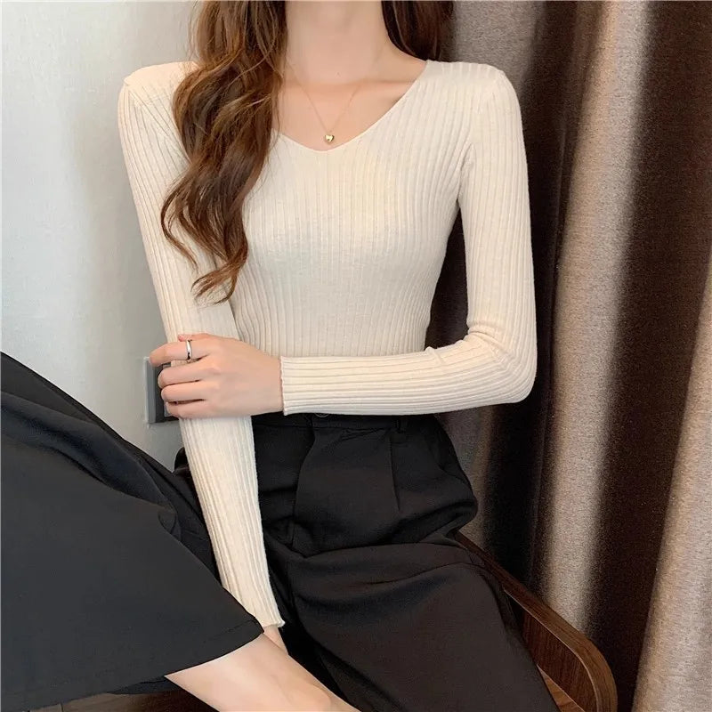 2025 einfarbig Schlank Pullover Koreanische Herbst Winter V-ausschnitt Pullover Mode Lässig Langarm Gestrickte Pullover Frauen Kleidung