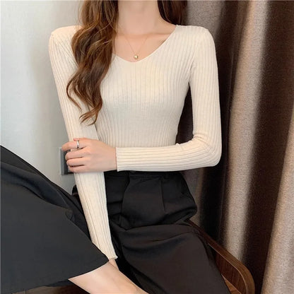 2025 einfarbig Schlank Pullover Koreanische Herbst Winter V-ausschnitt Pullover Mode Lässig Langarm Gestrickte Pullover Frauen Kleidung