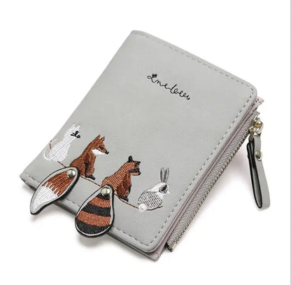 Cute Girl Heart Women's Embroidered Thread Cartoon Animal Wallet Korean Version Short Tassel Zipper Card Bag Earphone Cable Bag.