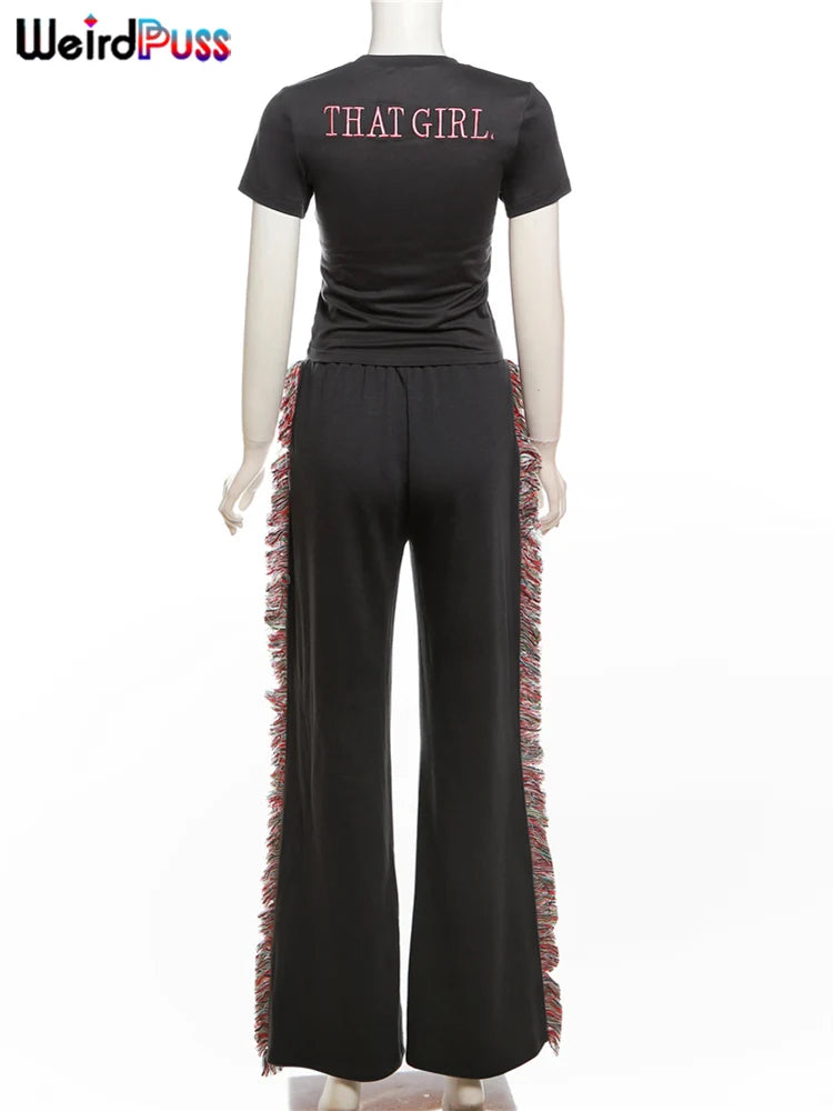 Weird Puss Casual Sporty 2 Piece Set Women Letter Embroidery Crop Tops+Side Tassel Straight Pants Matching Streetwear Tracksuits.