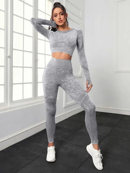 2 Piece Acid Wash Gym Set Women Seamless Long Sleeve Leggings Tracksuit Sports Fitness Suit Scrunch Workout Clothes Yoga Outfits