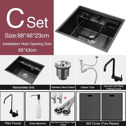 Nanometer Double Cover Hidden Kitchen Sink 304 Stainless Steel 3 Holes Handmade Single Large Size Kitchen Hidden Sinks