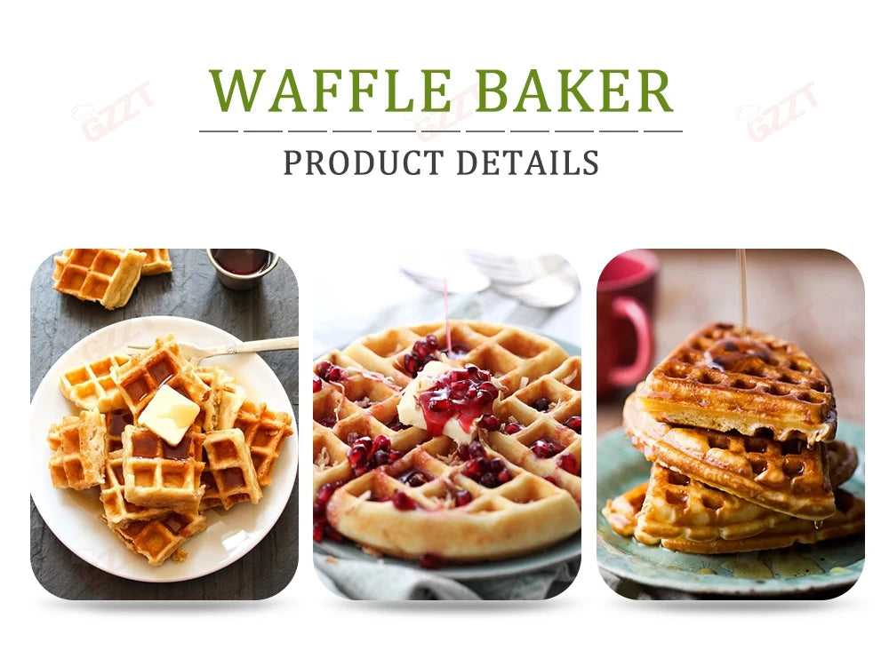 GZZT Commercial Double Head Waffle Maker 4-Piece Non-stick 2000W Adjustable Temperature 50-300℃ High-Efficiency Snack Machine.