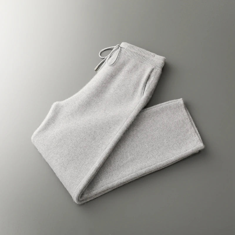 4PINK Thickened 100% Pure Cashmere Pants Men High Waist Knitted Wide Leg Pants Solid Color Lace Up Straight Pants Elastic Waist