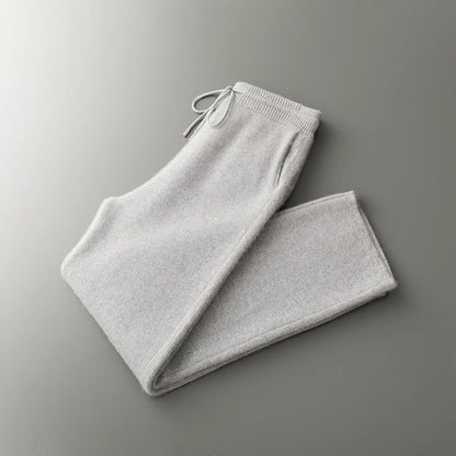 4PINK Thickened 100% Pure Cashmere Pants Men High Waist Knitted Wide Leg Pants Solid Color Lace Up Straight Pants Elastic Waist