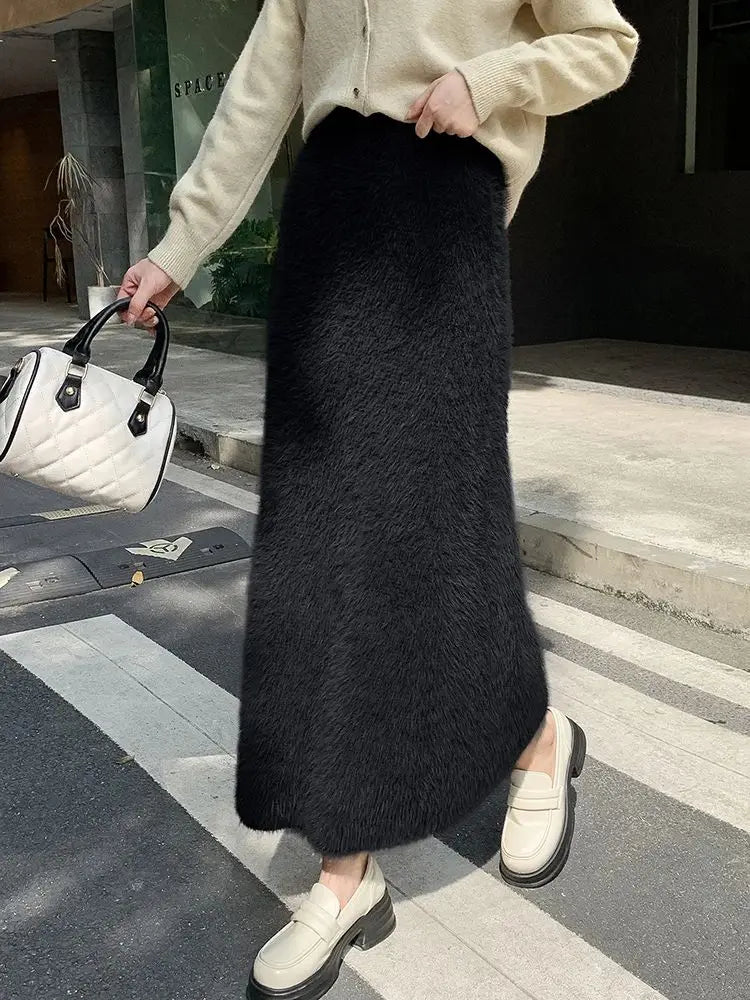 Autumn Winter New Knit Long Skirt Women Casual Thick Korean High Waist Soft A-Line Skirt.