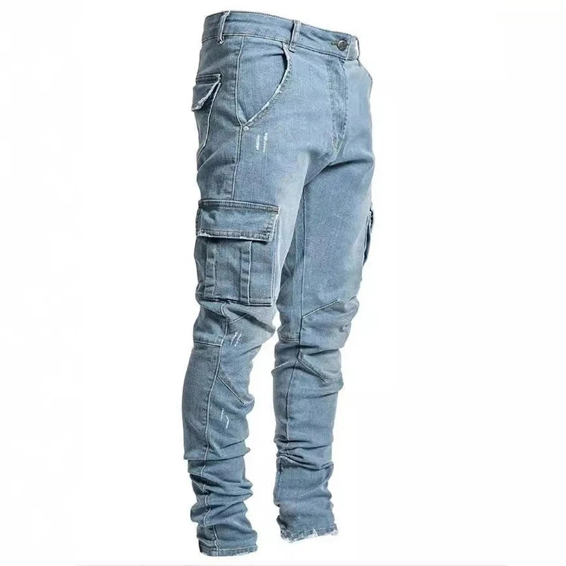 Männer Straße elastische Jeans Jeans waschen einfarbige Multi-Taschen Cargo hose lässig Slim Fit täglich tragen Jogger mittlere Taille Hose.