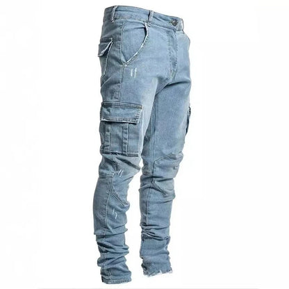 Männer Straße elastische Jeans Jeans waschen einfarbige Multi-Taschen Cargo hose lässig Slim Fit täglich tragen Jogger mittlere Taille Hose.