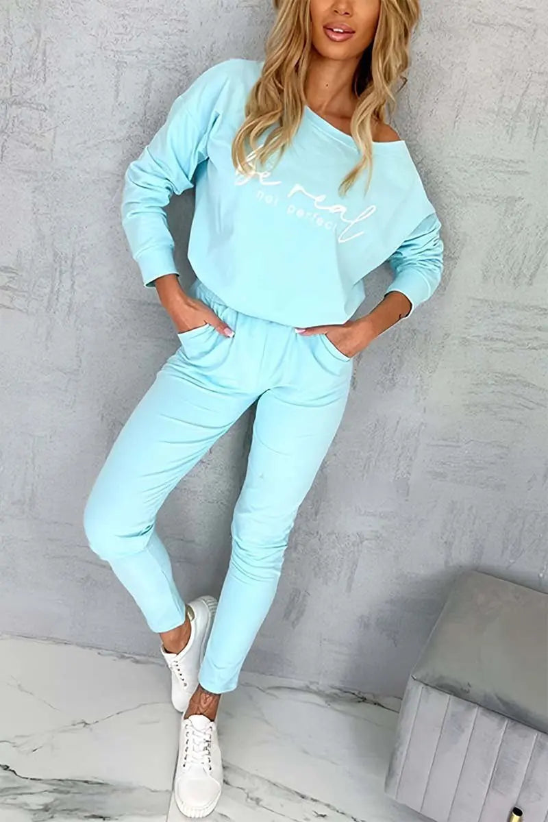 New Letter Printed Women's Two-piece Set Casual Sports Suit Autumn Long-sleeved T-shirt Top + Small Leg Trousers 2-piece Sets.