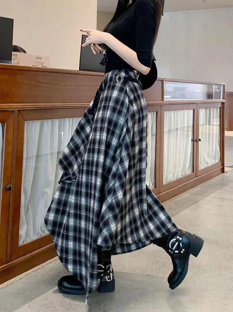 Qiukichonson Long Skirts Women Woolen Skirt 2025 Goth Autumn Winter High Waist Ruffles Asymmetrical Plaid Skirt Maxi With Belt.