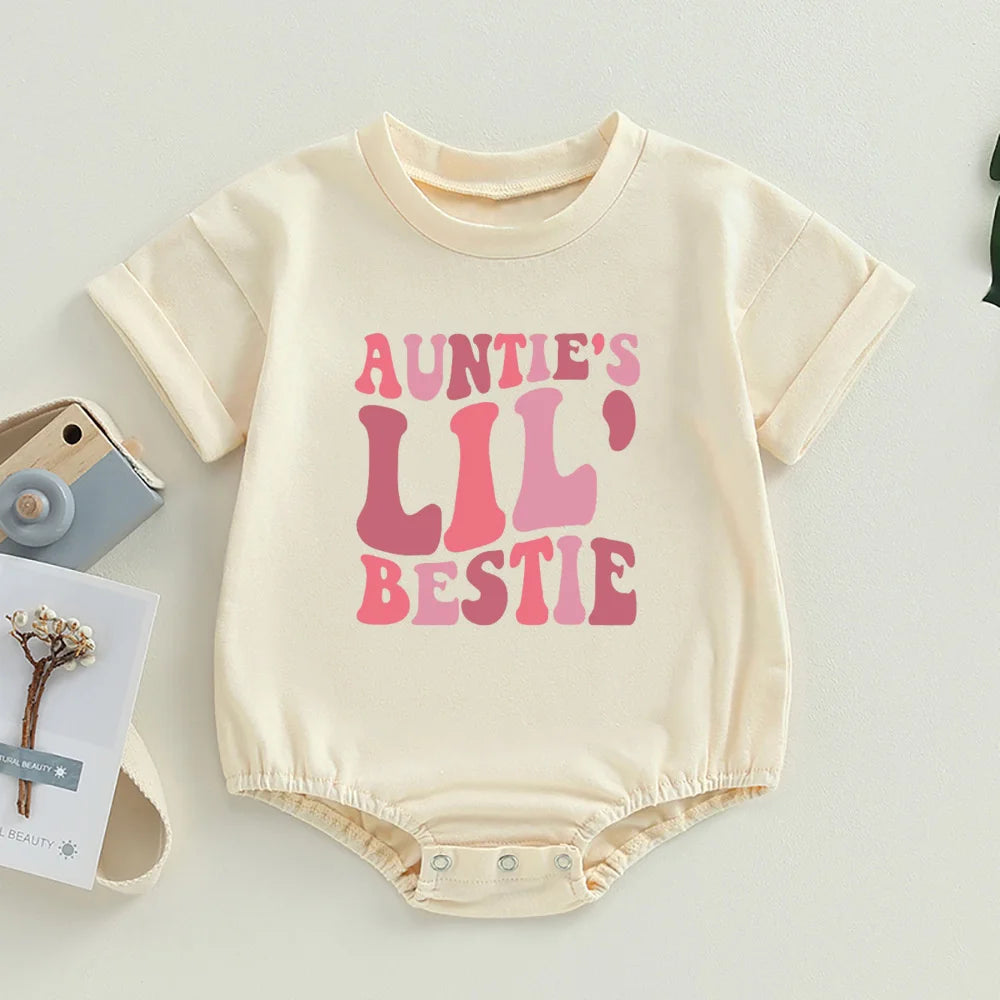 Tante's Little Bestie Bubble Strampler Neugeborenes Baby Mädchen Jungen Kleidung Sommer Kurzarm Rundhalsausschnitt Niedlicher Body Top Outfit.