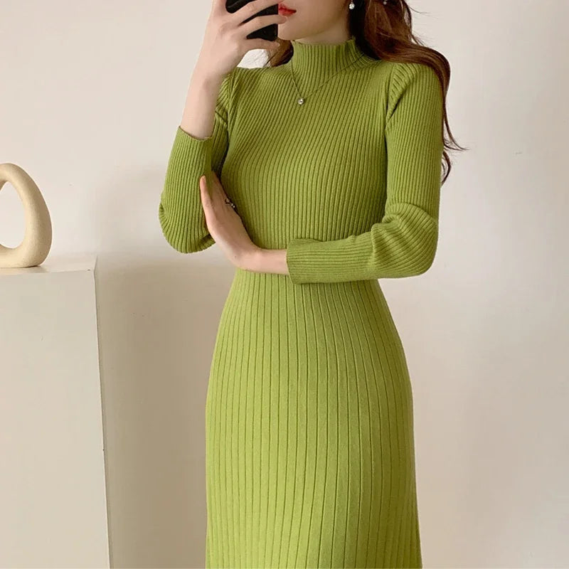 Herbst Winter 2023 Schlank Langarm Party Midi Kleid für Frauen Gestrickte Halb Hohen Kragen Elegante Gestrickte Pullover Kleider Damen.